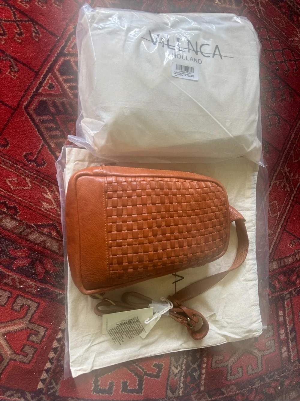 Vilenca Holland Woven Leather Crossbody Bag in Cognac
